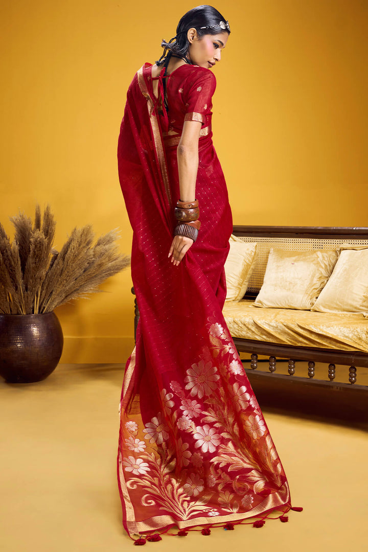 Crimson Red Munga Cotton Silk Saree