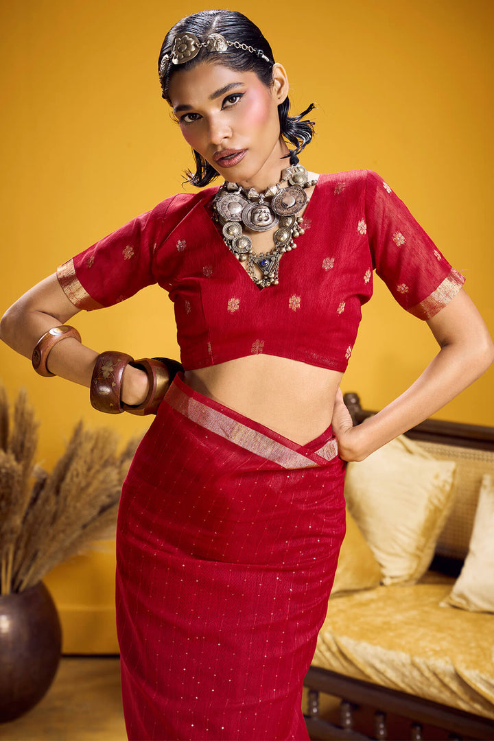 Crimson Red Munga Cotton Silk Saree