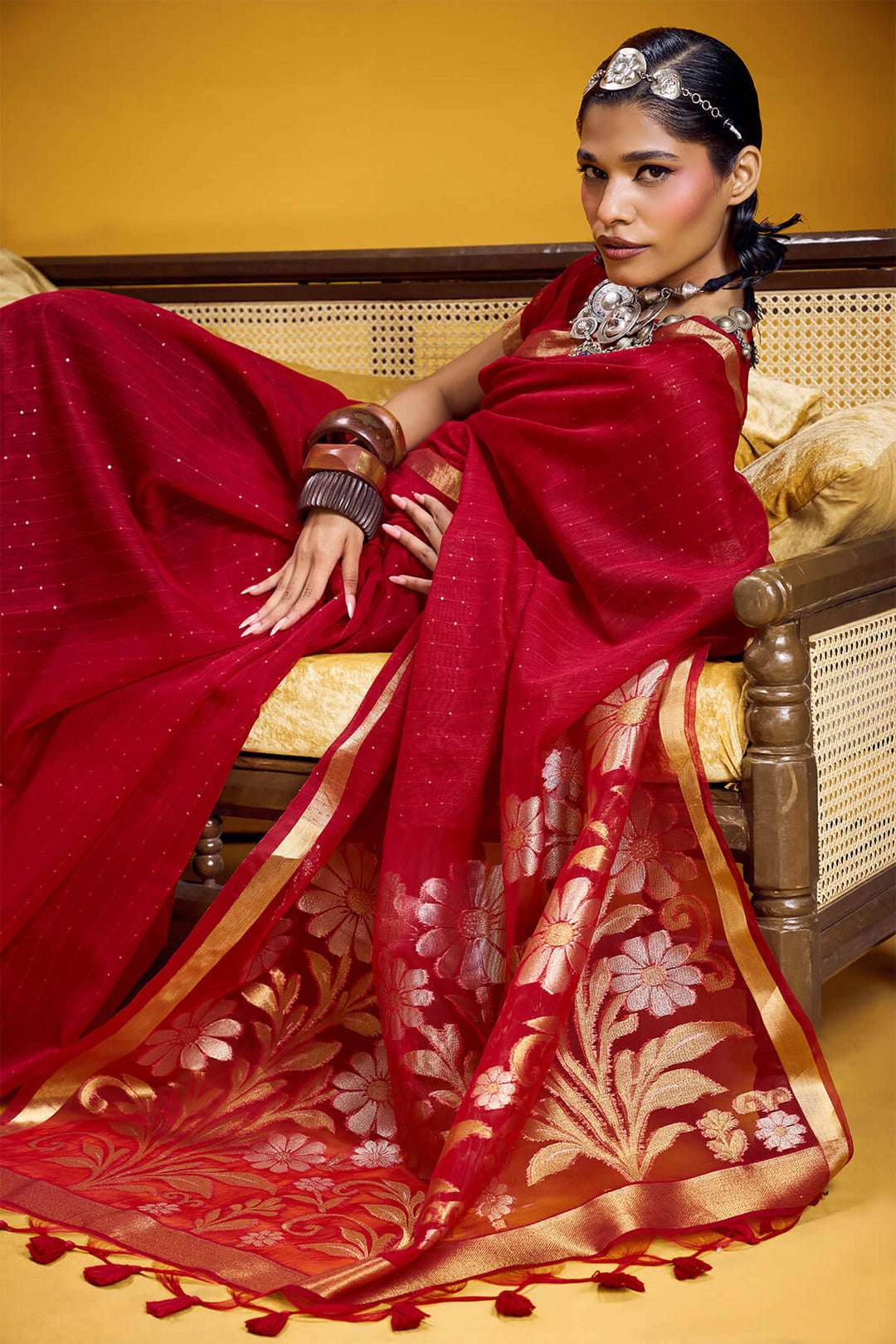 Crimson Red Munga Cotton Silk Saree