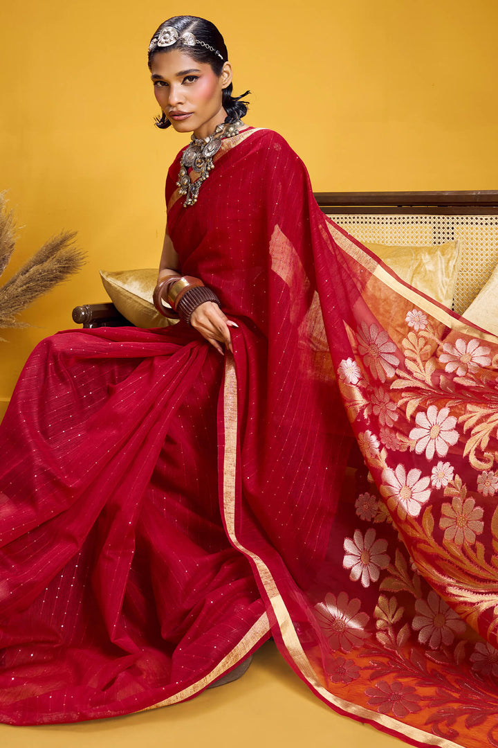 Crimson Red Munga Cotton Silk Saree