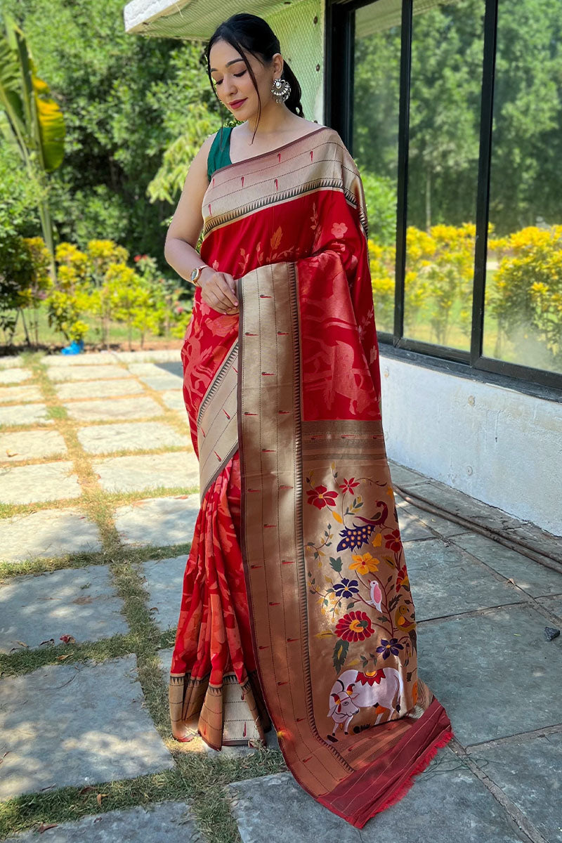 Crimson Red Zari Woven Paithani Silk Saree