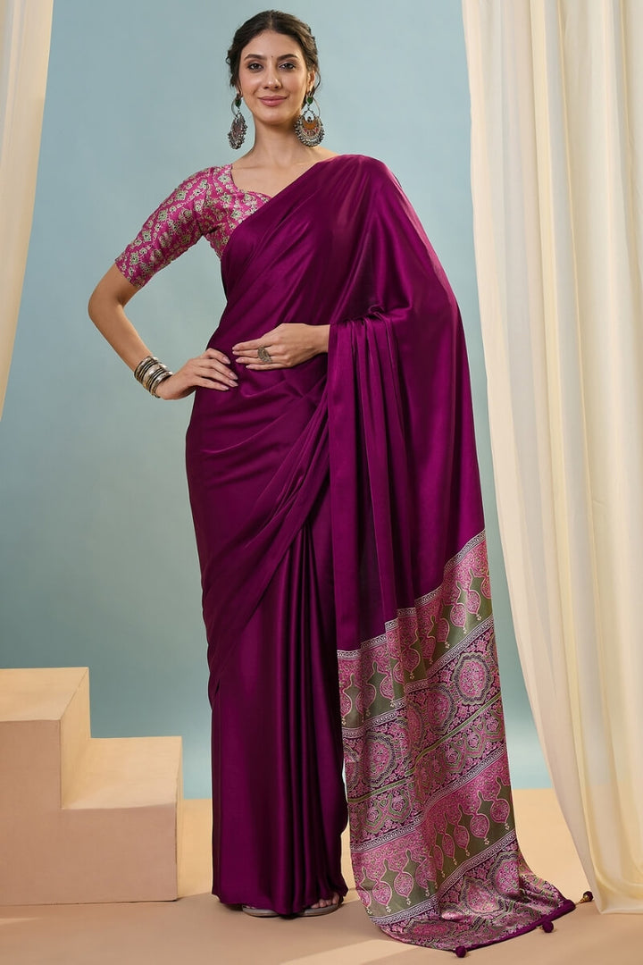Crimson Wine Ajrakh Printed Satin Silk Saree