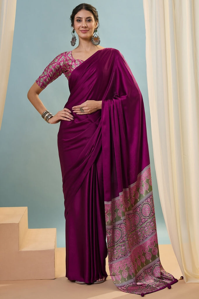 Crimson Wine Ajrakh Printed Satin Silk Saree