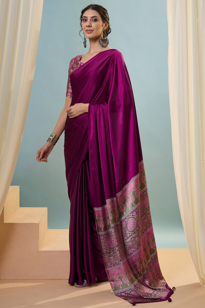 Crimson Wine Ajrakh Printed Satin Silk Saree