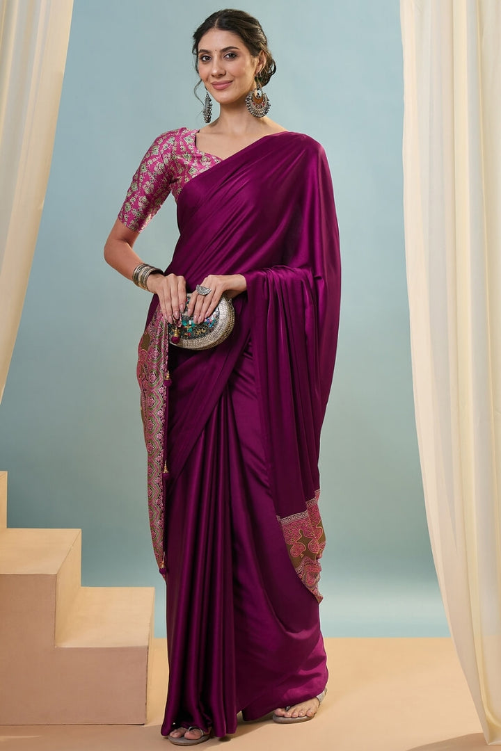 Crimson Wine Ajrakh Printed Satin Silk Saree