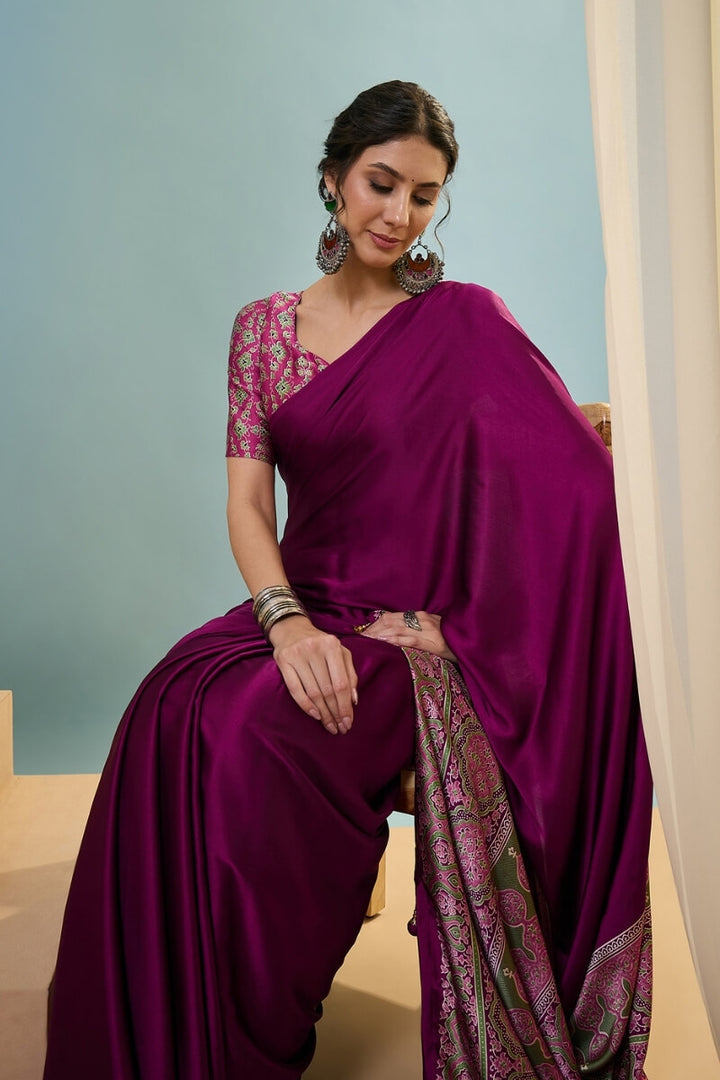 Crimson Wine Ajrakh Printed Satin Silk Saree