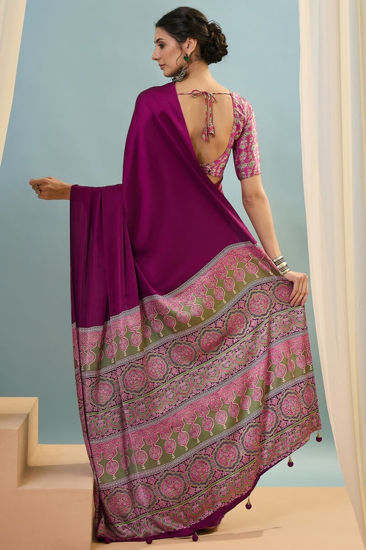 Crimson Wine Ajrakh Printed Satin Silk Saree