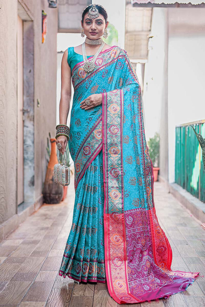 Crystal Blue Zari Woven Patola Silk Saree