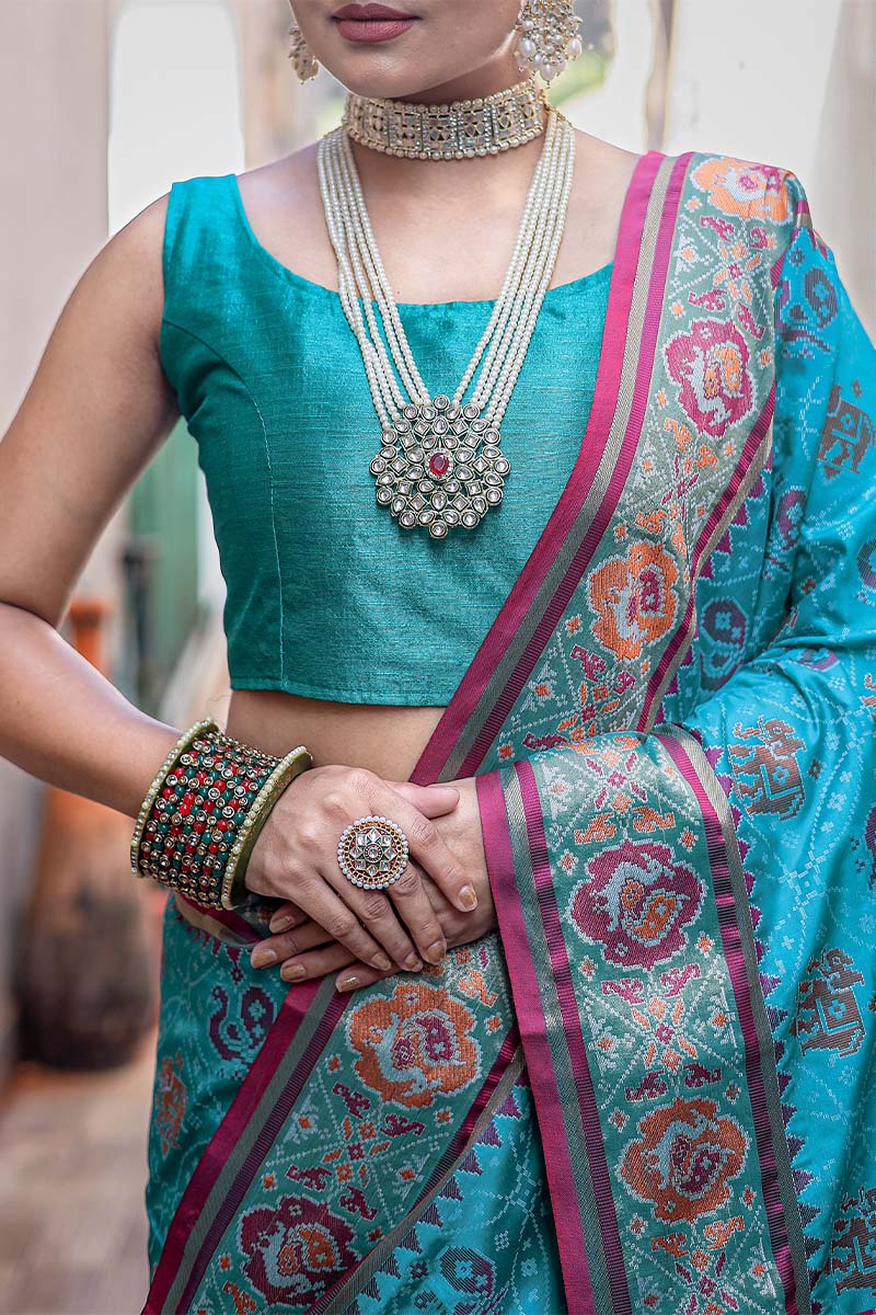 Crystal Blue Zari Woven Patola Silk Saree