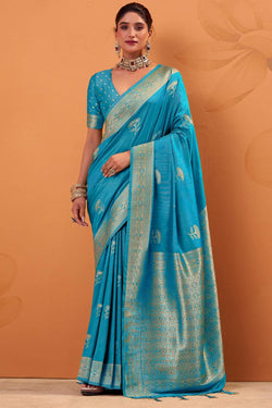 Curious Blue Banarasi Tussar Silk Saree