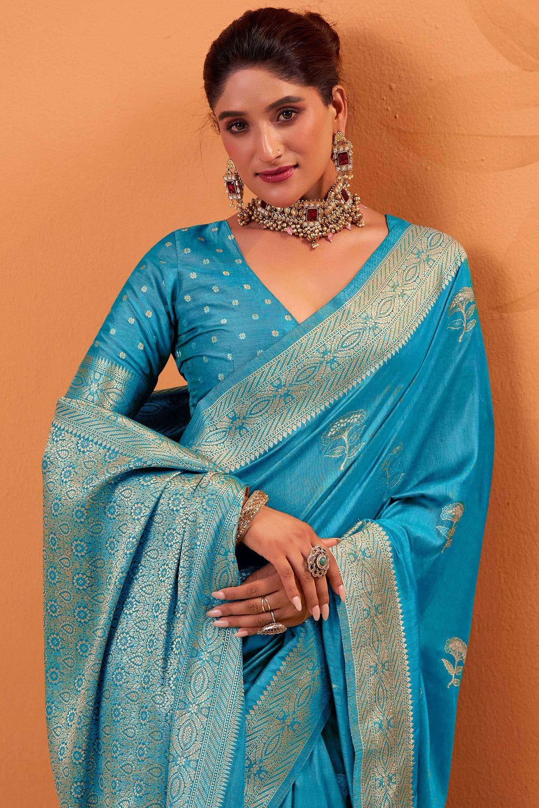 Curious Blue Banarasi Tussar Silk Saree