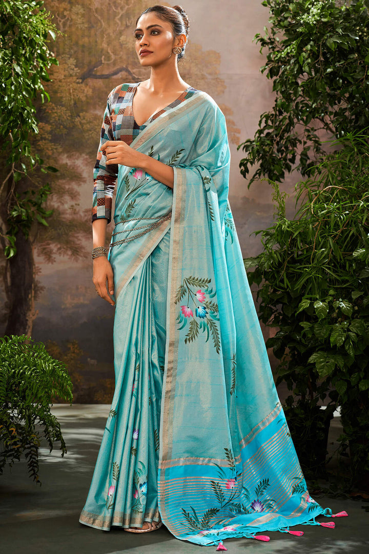 Curious Blue Brush Printed Linen Tissue Silk Saree