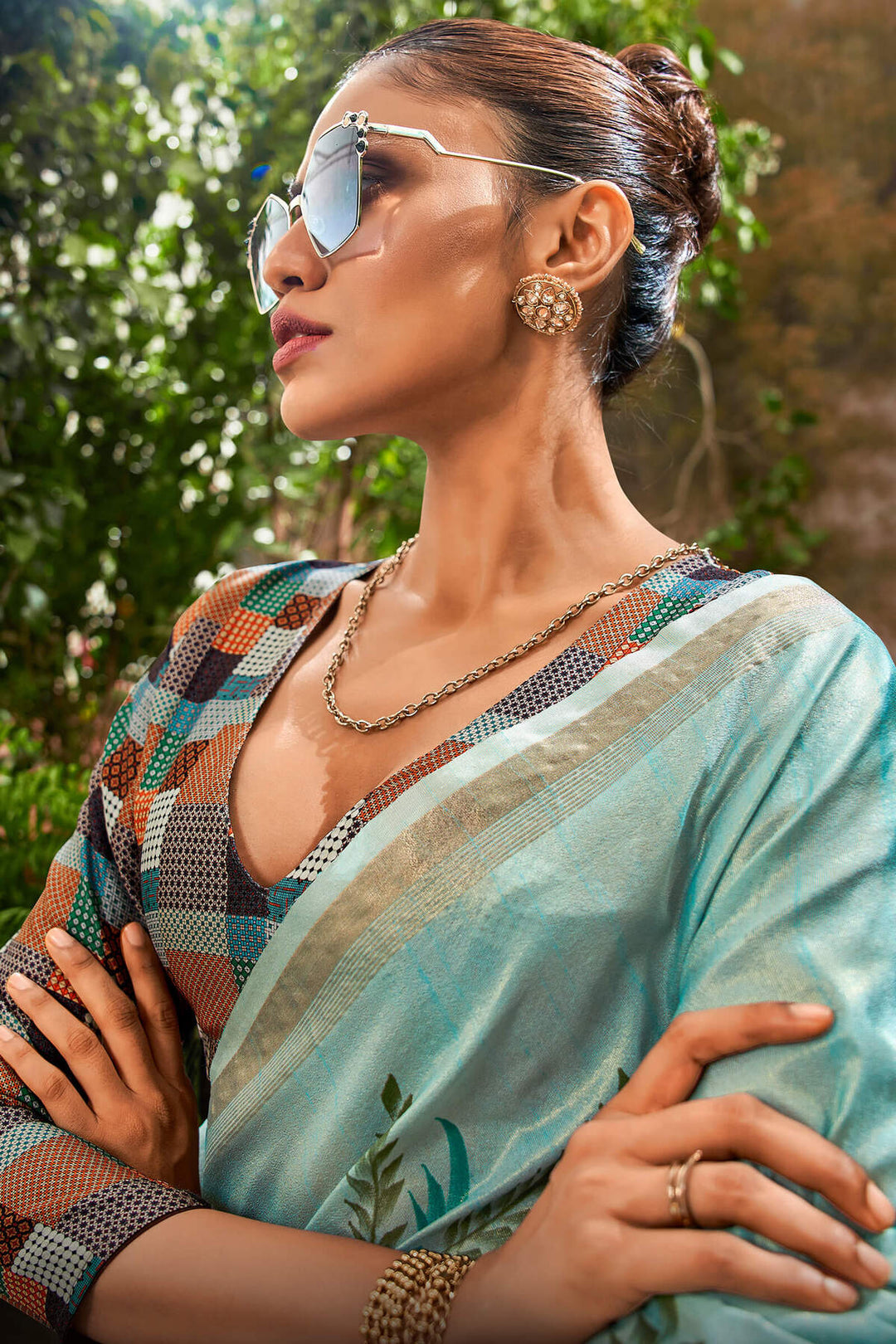 Curious Blue Brush Printed Linen Tissue Silk Saree