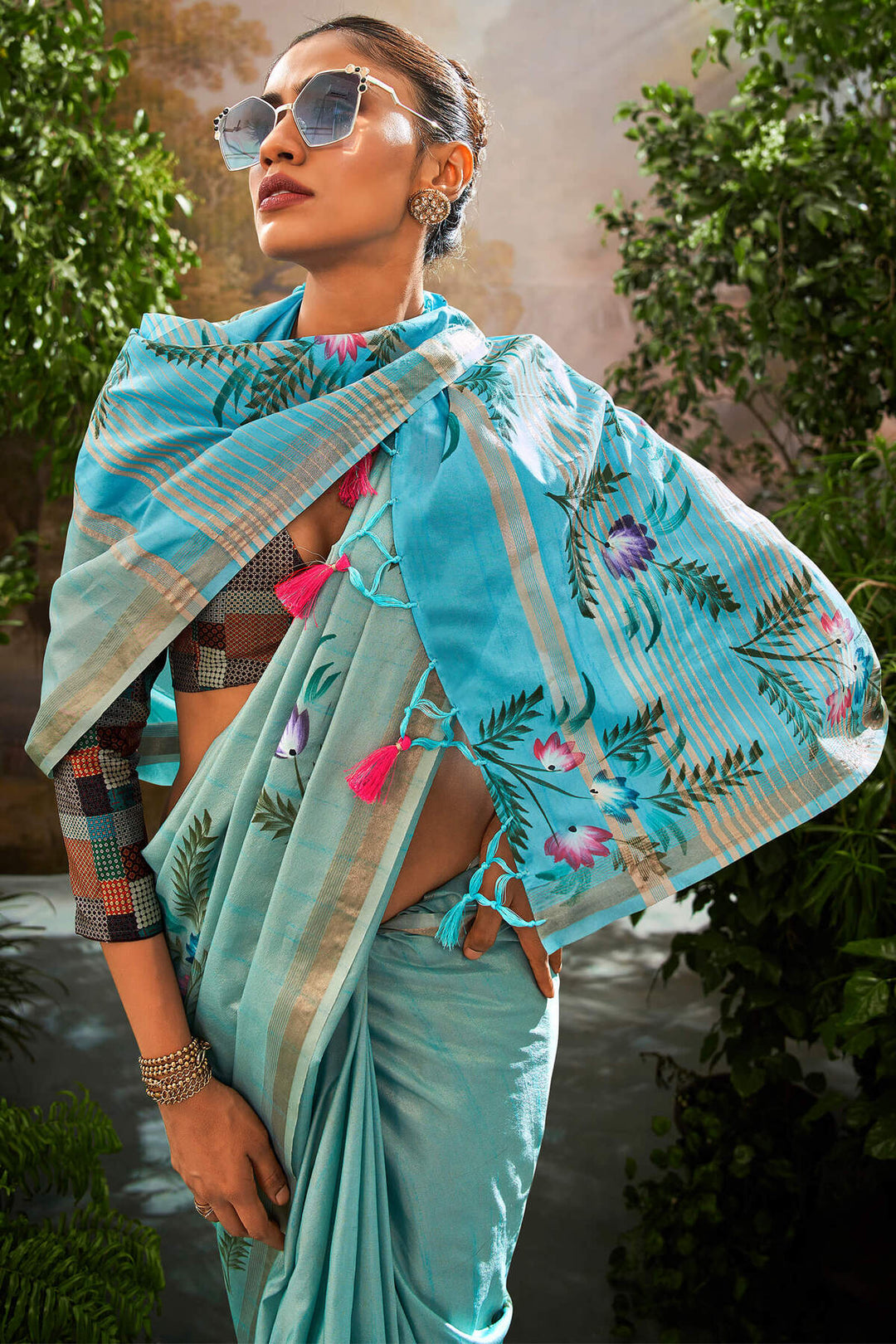 Curious Blue Brush Printed Linen Tissue Silk Saree
