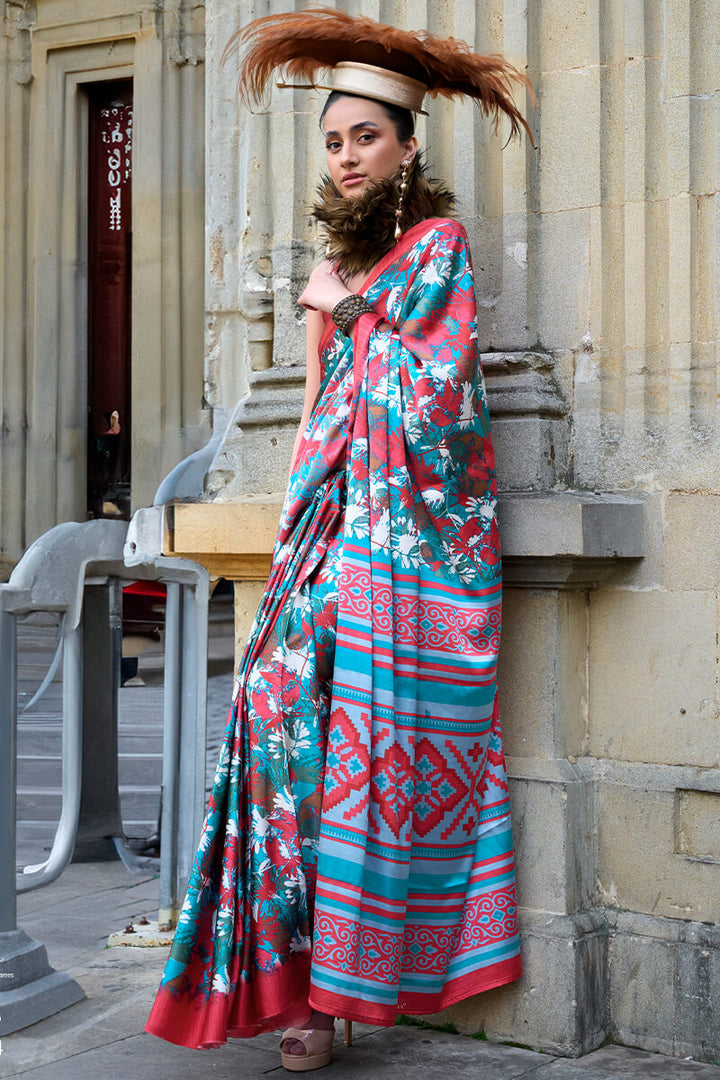 Curious Blue Printed Satin Silk Saree