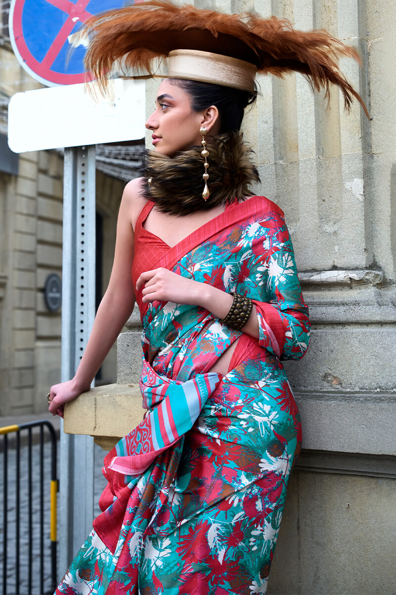 Curious Blue Printed Satin Silk Saree