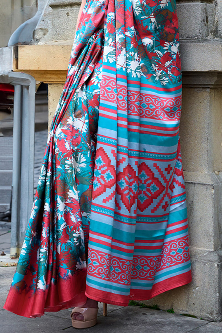 Curious Blue Printed Satin Silk Saree