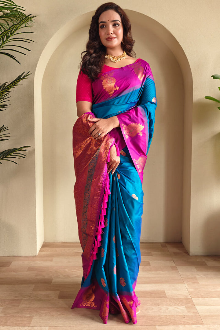 Curious Blue Soft Banarasi Silk Saree With Chaap Border