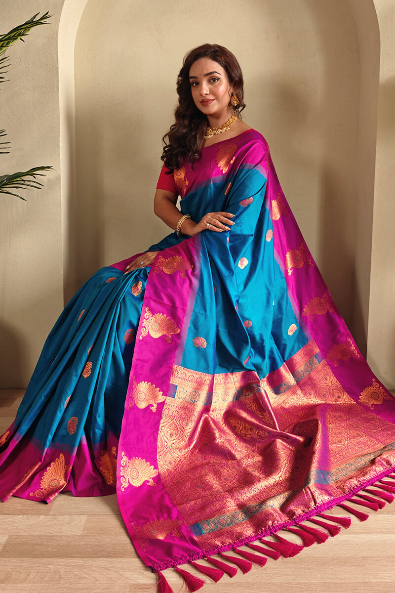 Curious Blue Soft Banarasi Silk Saree With Chaap Border