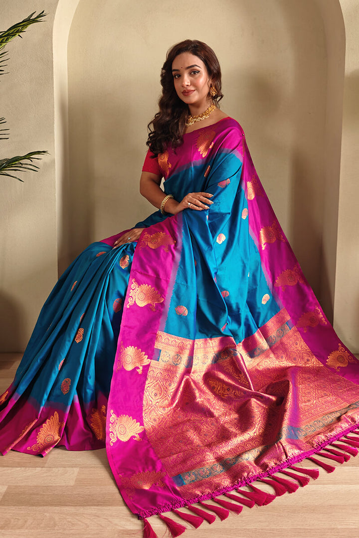 Curious Blue Soft Banarasi Silk Saree With Chaap Border