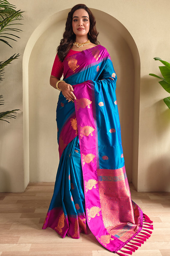 Curious Blue Soft Banarasi Silk Saree With Chaap Border