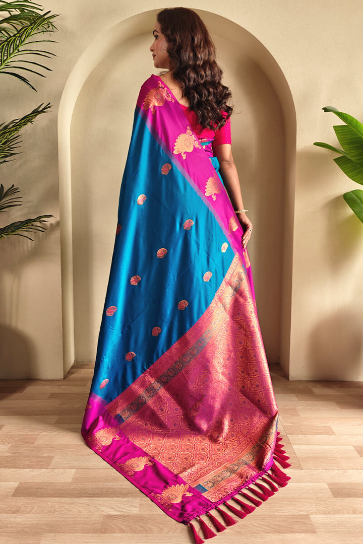 Curious Blue Soft Banarasi Silk Saree With Chaap Border