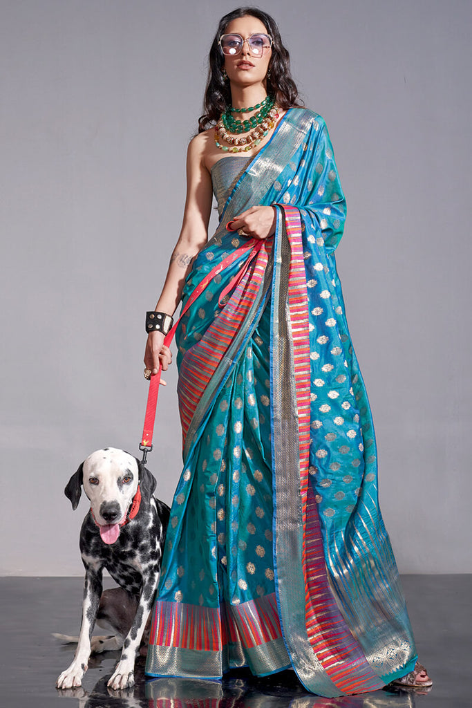 Curious Blue Zari Woven Banarasi Silk Saree