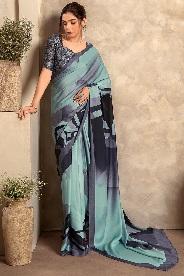 Cyan Blue and Black Printed Satin Silk Saree