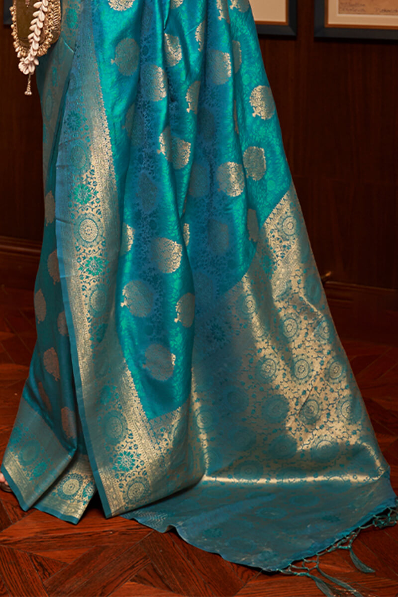 Cyan Blue Zari Woven Kanjivaram Silk Saree