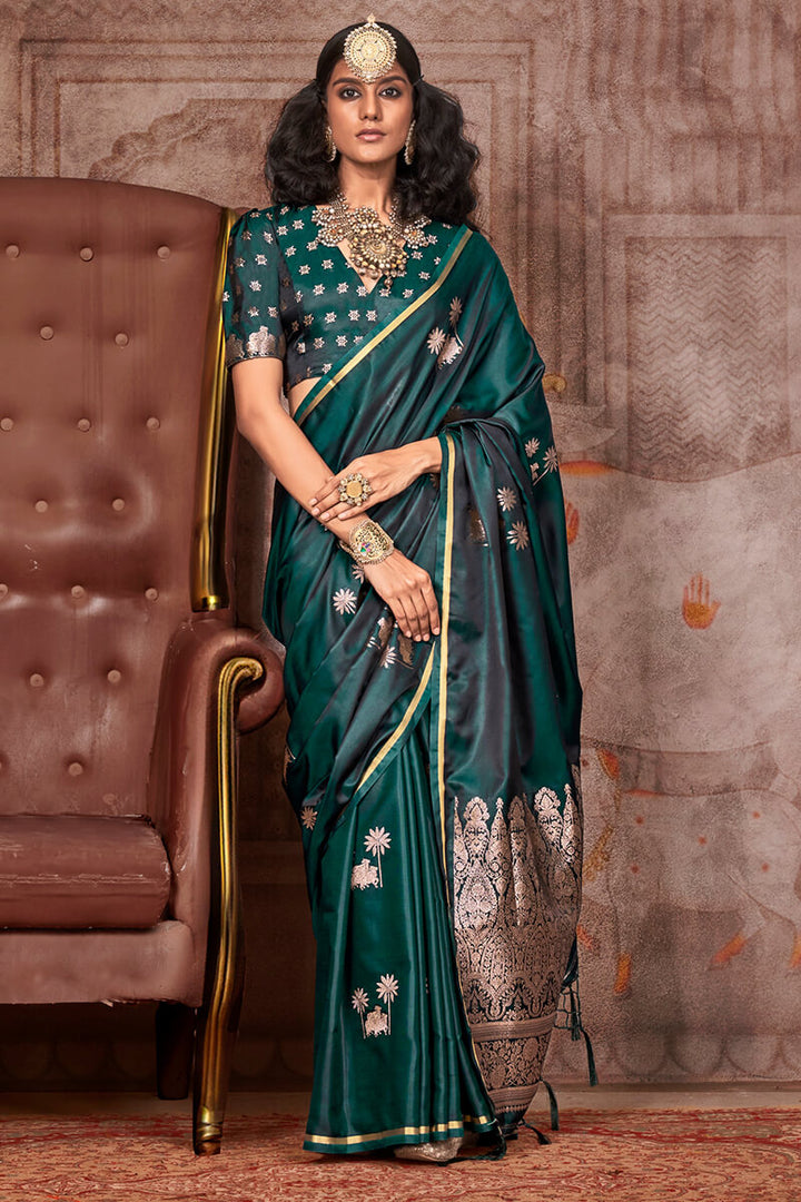 Cyprus Green Zari Woven Banarasi Satin Silk Saree