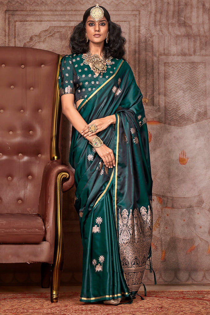 Cyprus Green Zari Woven Banarasi Satin Silk Saree