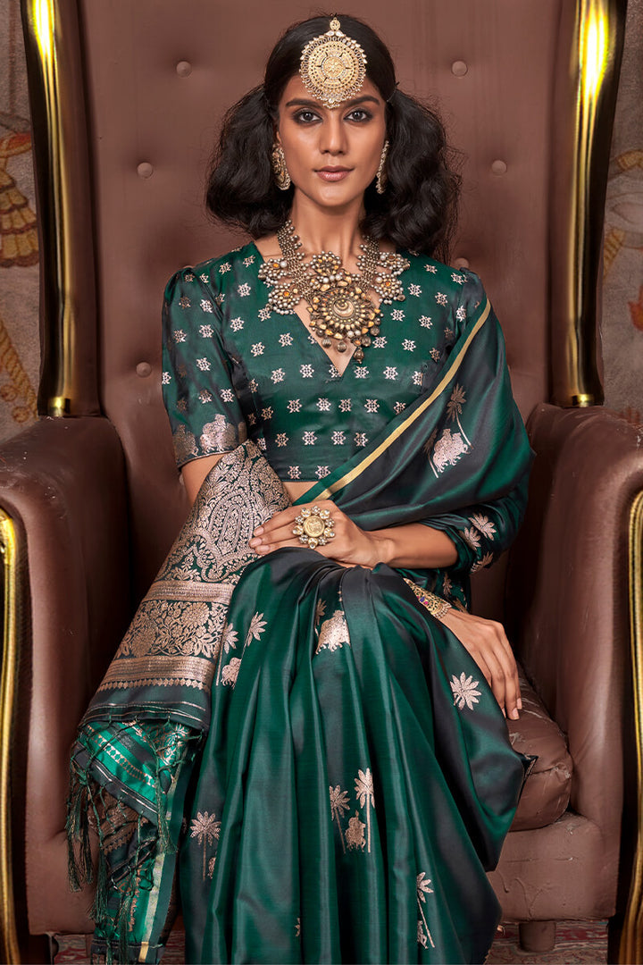 Cyprus Green Zari Woven Banarasi Satin Silk Saree