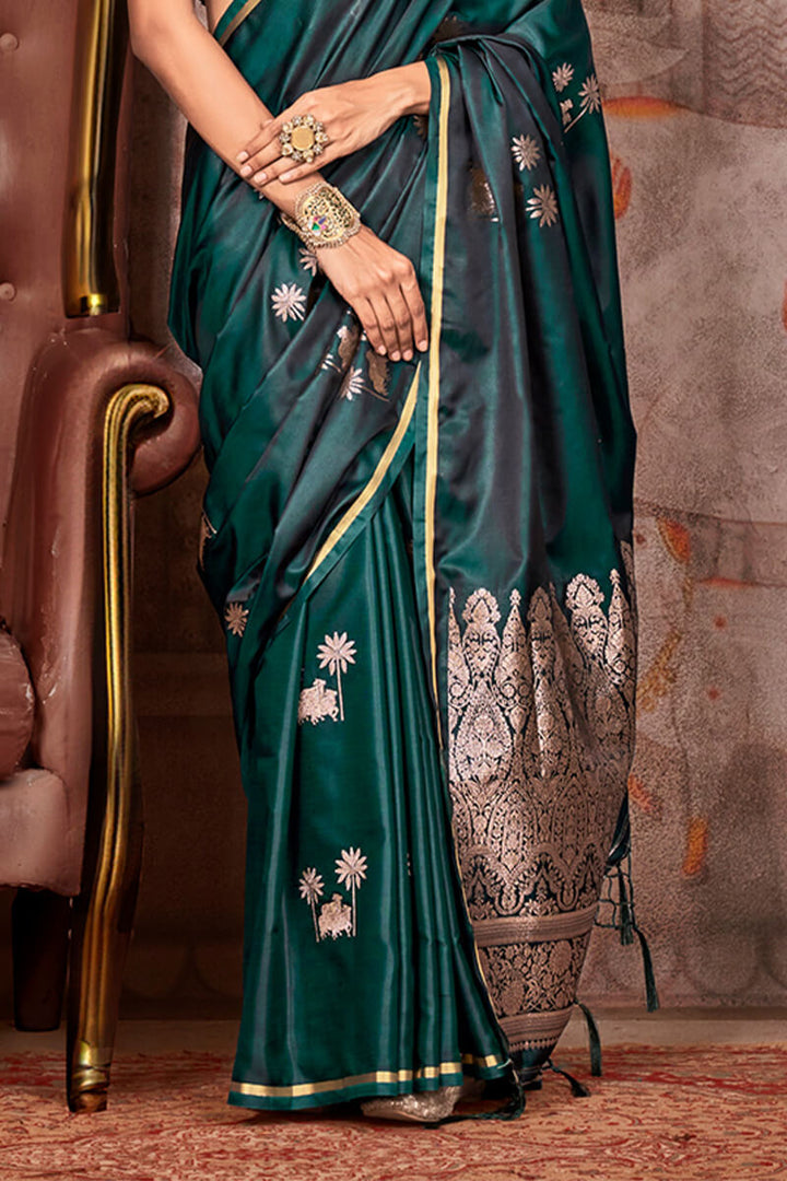 Cyprus Green Zari Woven Banarasi Satin Silk Saree