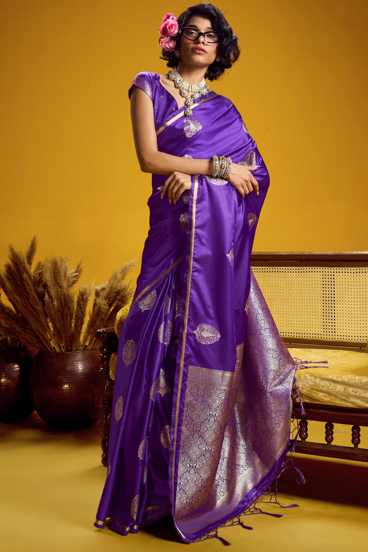 Daisy Bush Purple Zari Woven Banarasi Satin silk saree