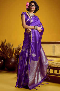 Daisy Bush Purple Zari Woven Banarasi Satin silk saree