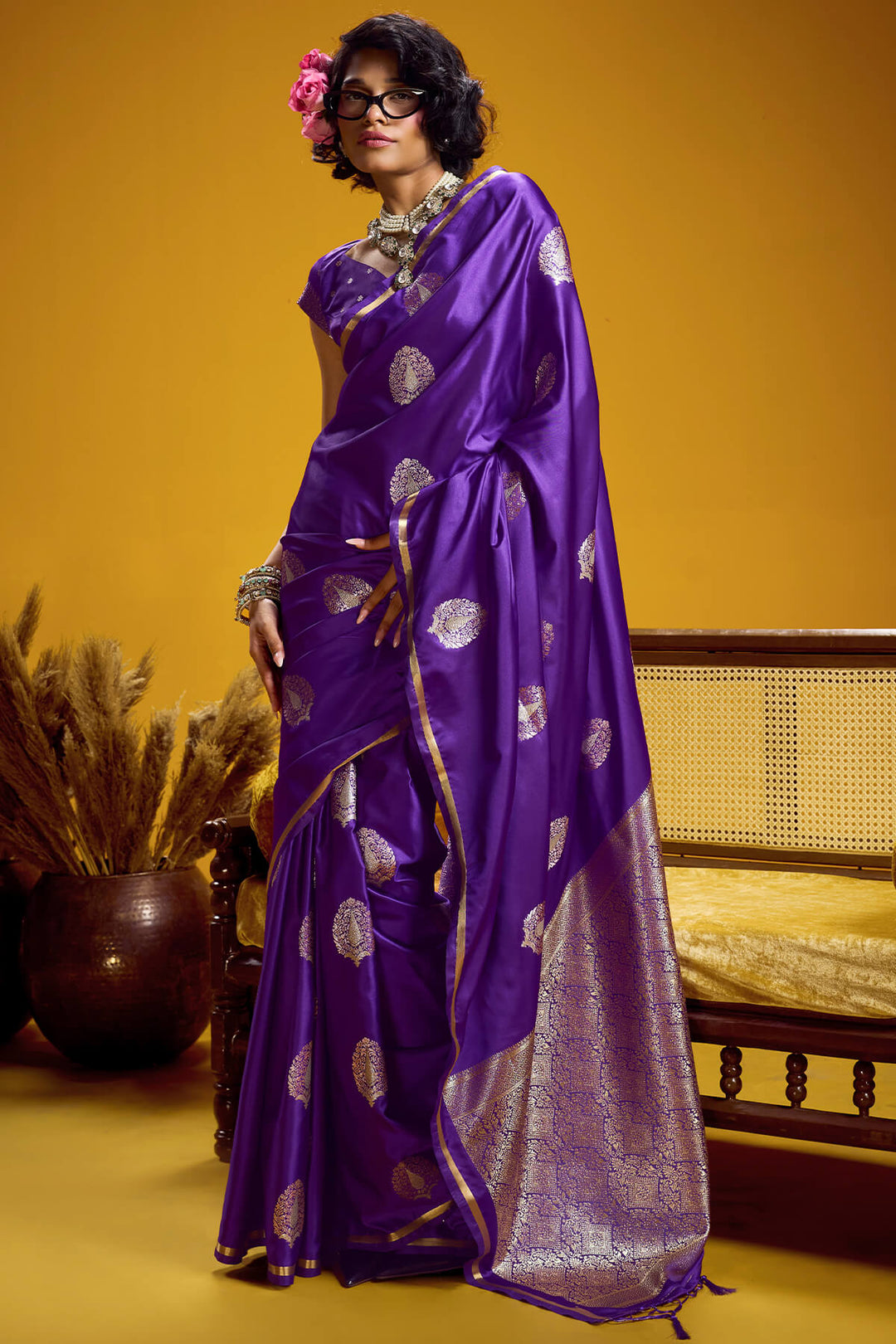 Daisy Bush Purple Zari Woven Banarasi Satin silk saree