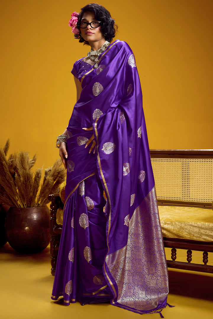 Daisy Bush Purple Zari Woven Banarasi Satin silk saree