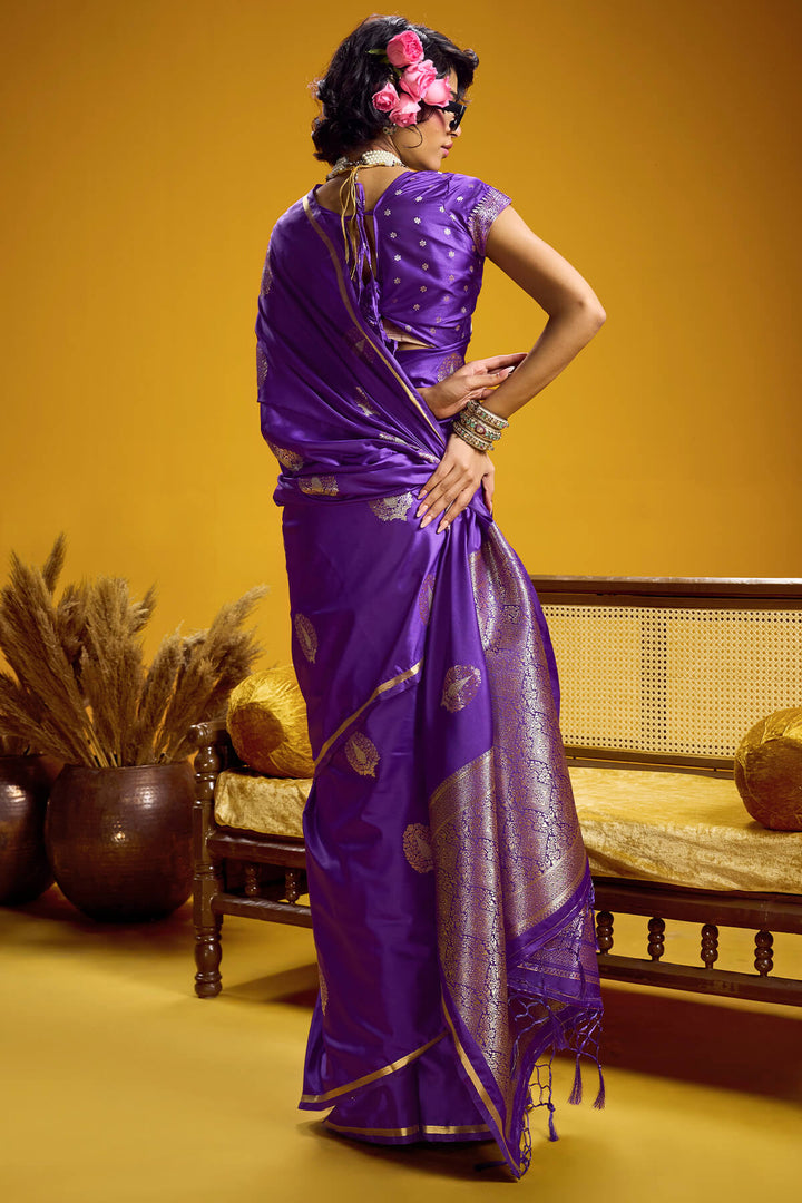 Daisy Bush Purple Zari Woven Banarasi Satin silk saree