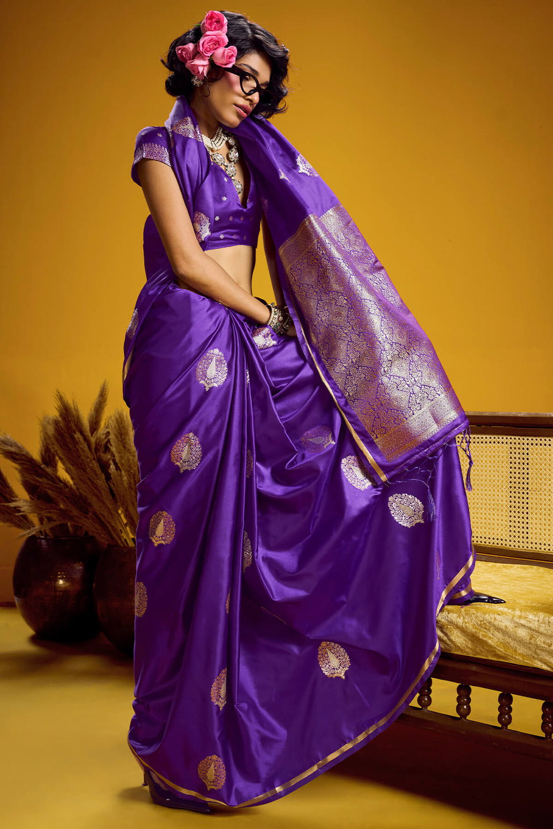 Daisy Bush Purple Zari Woven Banarasi Satin silk saree