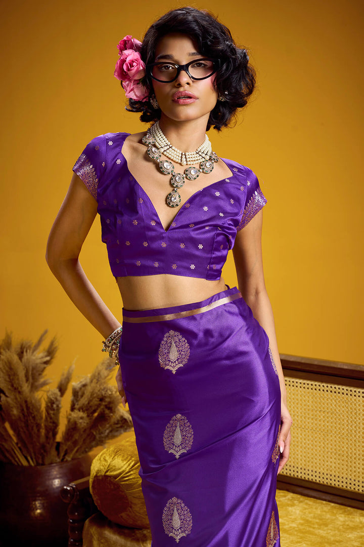 Daisy Bush Purple Zari Woven Banarasi Satin silk saree