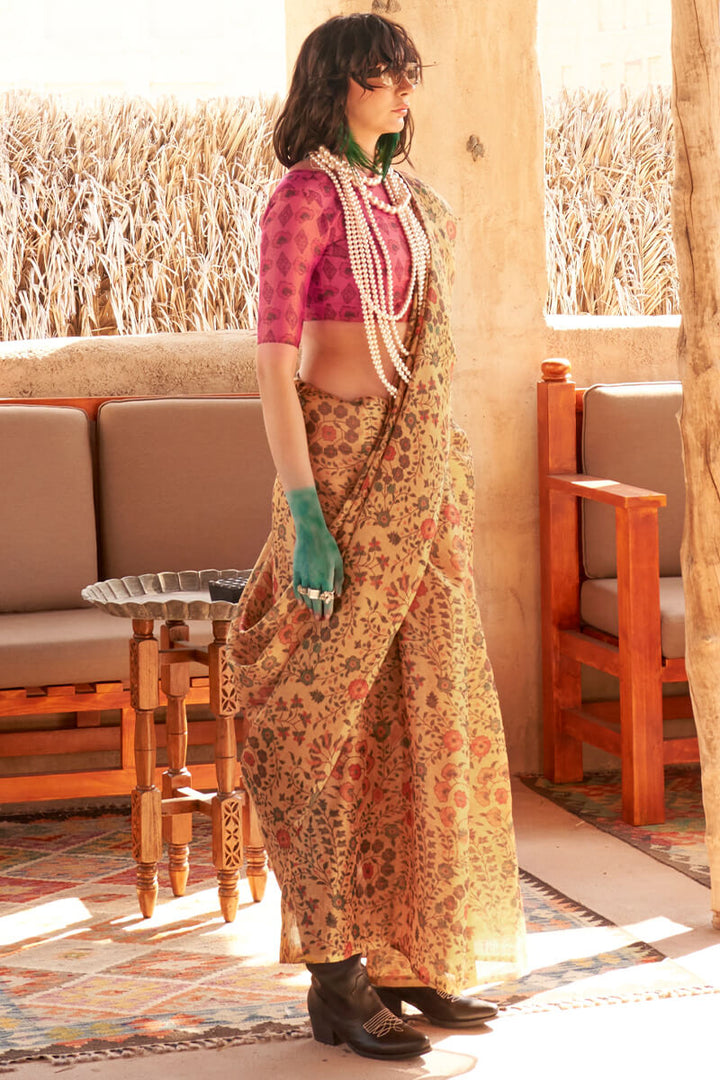 Dandelion Yellow Printed Tissue Silk Saree