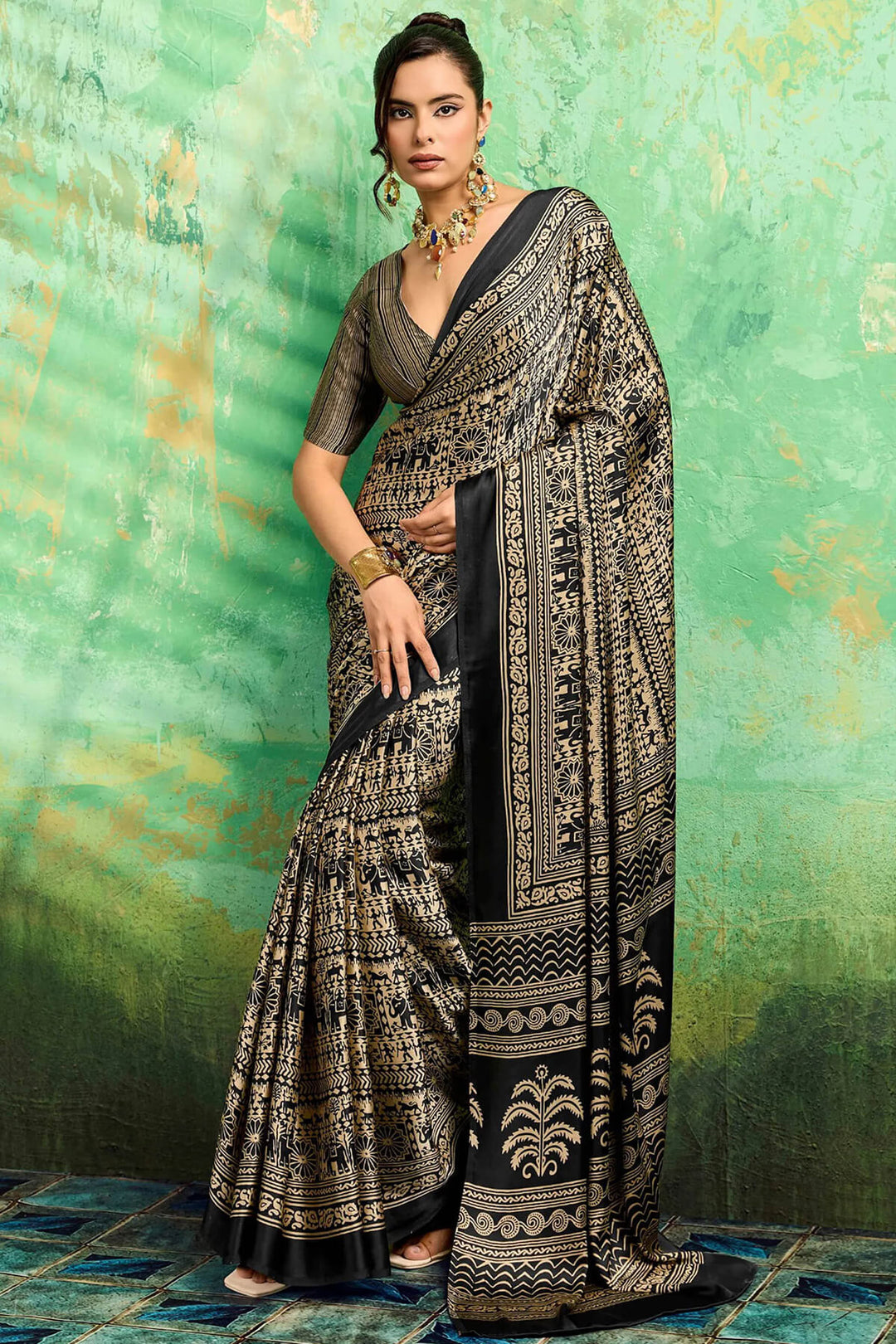 Dark Beige and Black Ajrakh Printed Semi Modal Satin Silk Saree