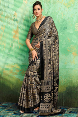 Dark Beige and Black Ajrakh Printed Semi Modal Satin Silk Saree