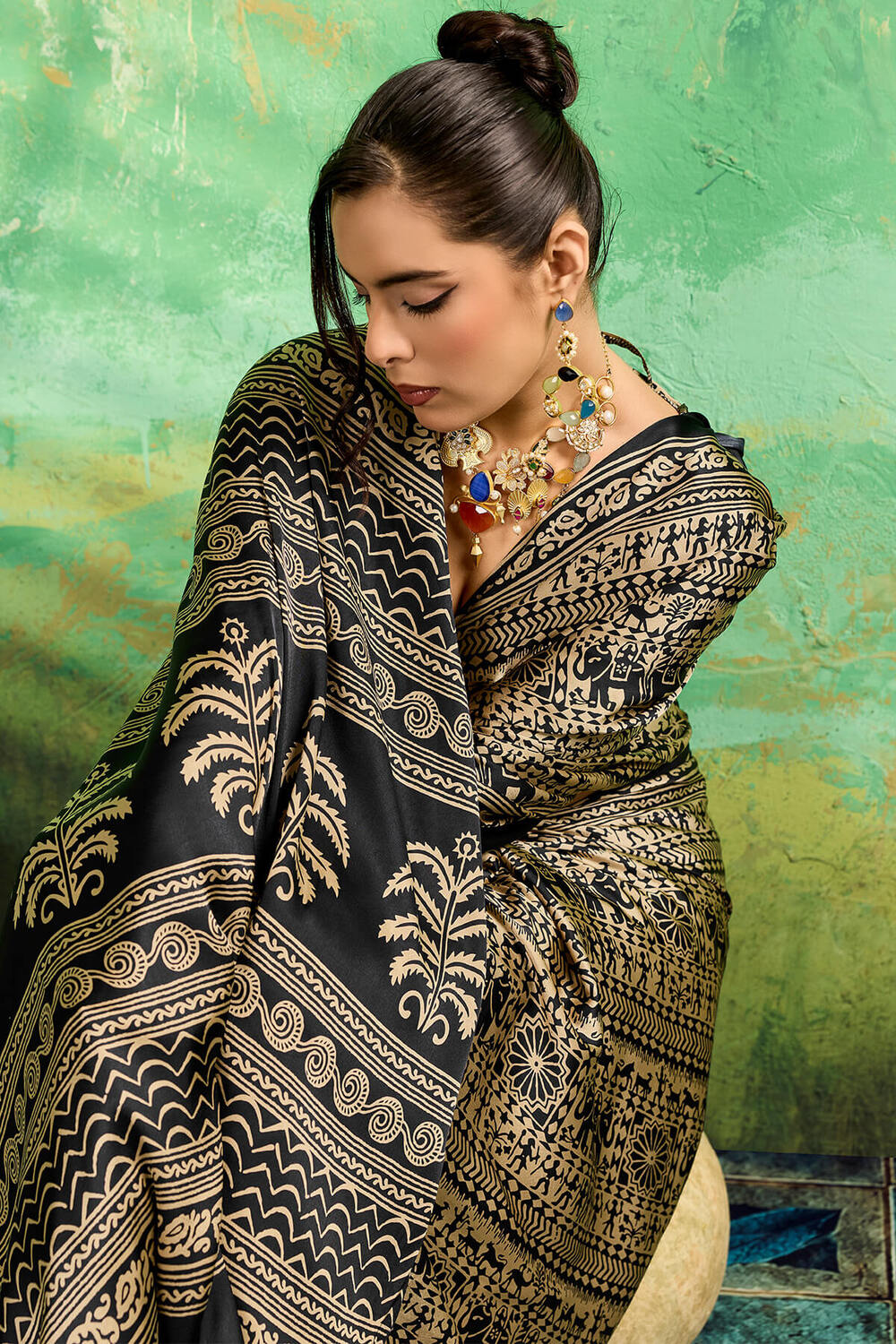 Dark Beige and Black Ajrakh Printed Semi Modal Satin Silk Saree