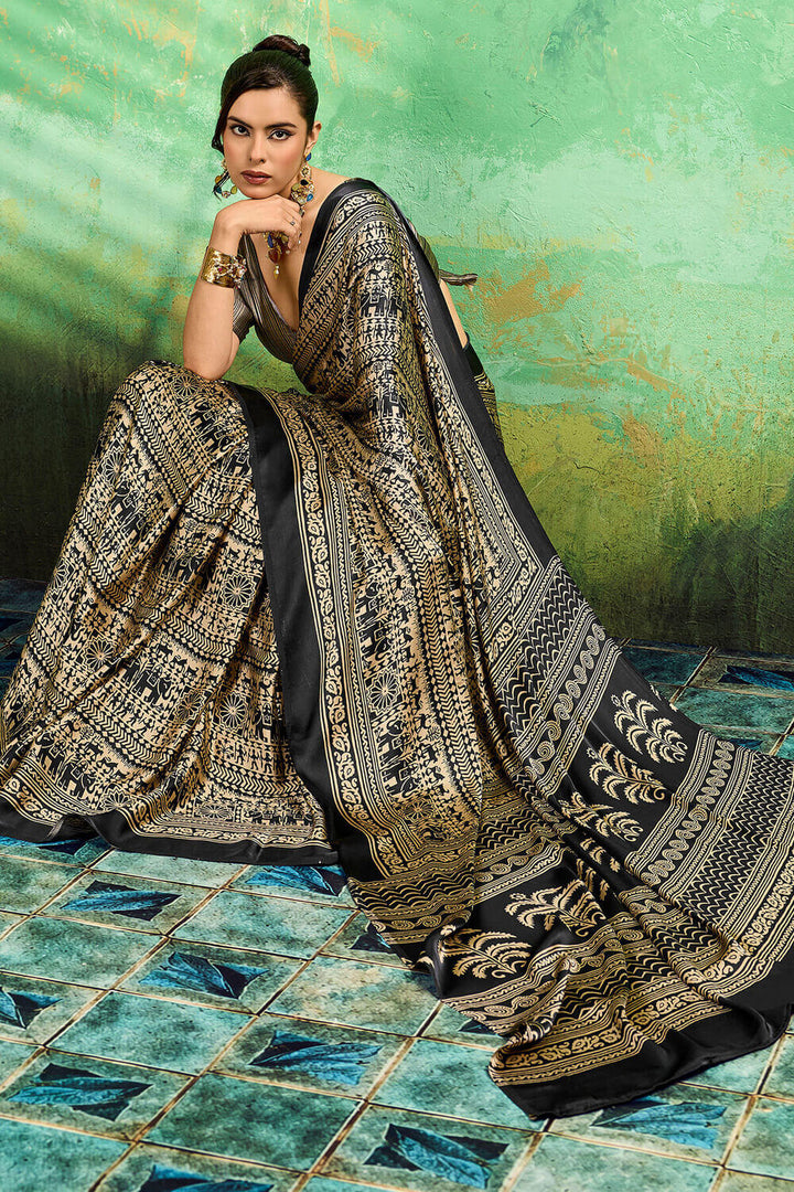 Dark Beige and Black Ajrakh Printed Semi Modal Satin Silk Saree