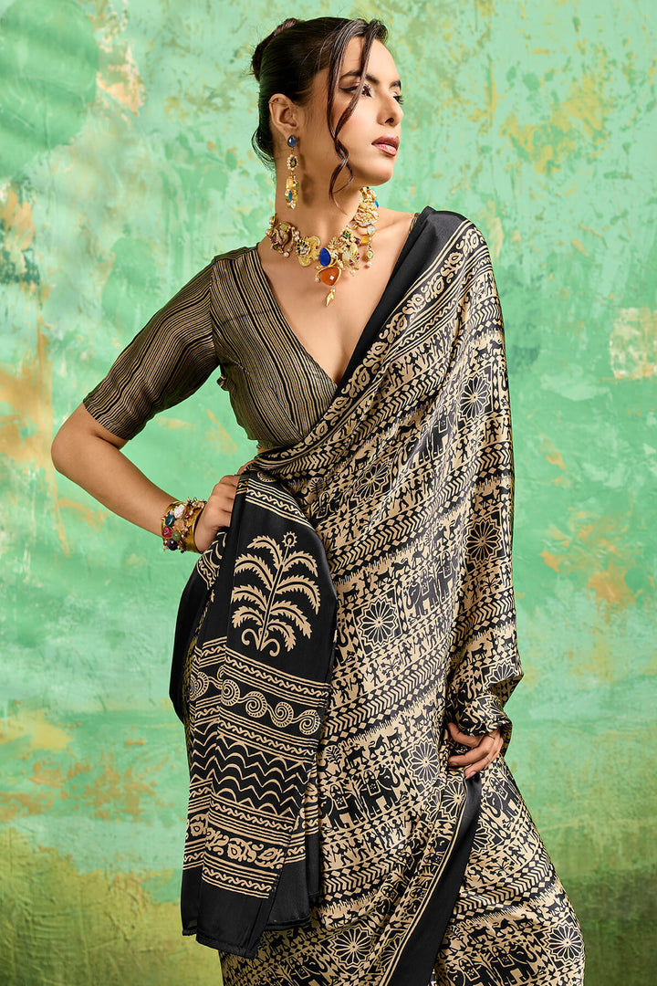 Dark Beige and Black Ajrakh Printed Semi Modal Satin Silk Saree