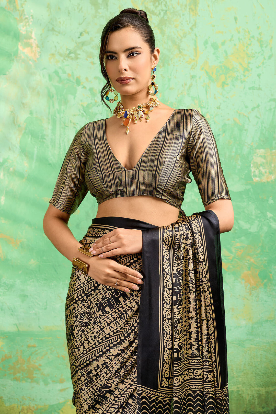 Dark Beige and Black Ajrakh Printed Semi Modal Satin Silk Saree