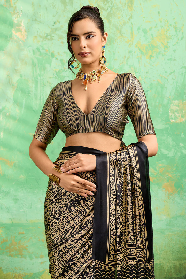 Dark Beige and Black Ajrakh Printed Semi Modal Satin Silk Saree