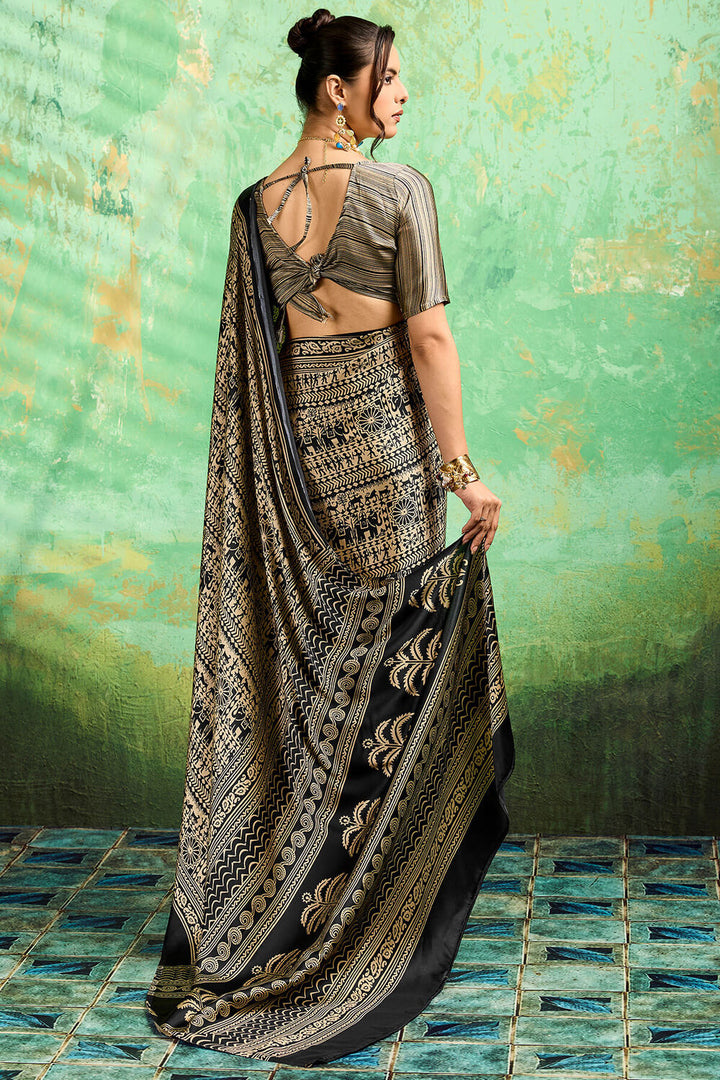 Dark Beige and Black Ajrakh Printed Semi Modal Satin Silk Saree