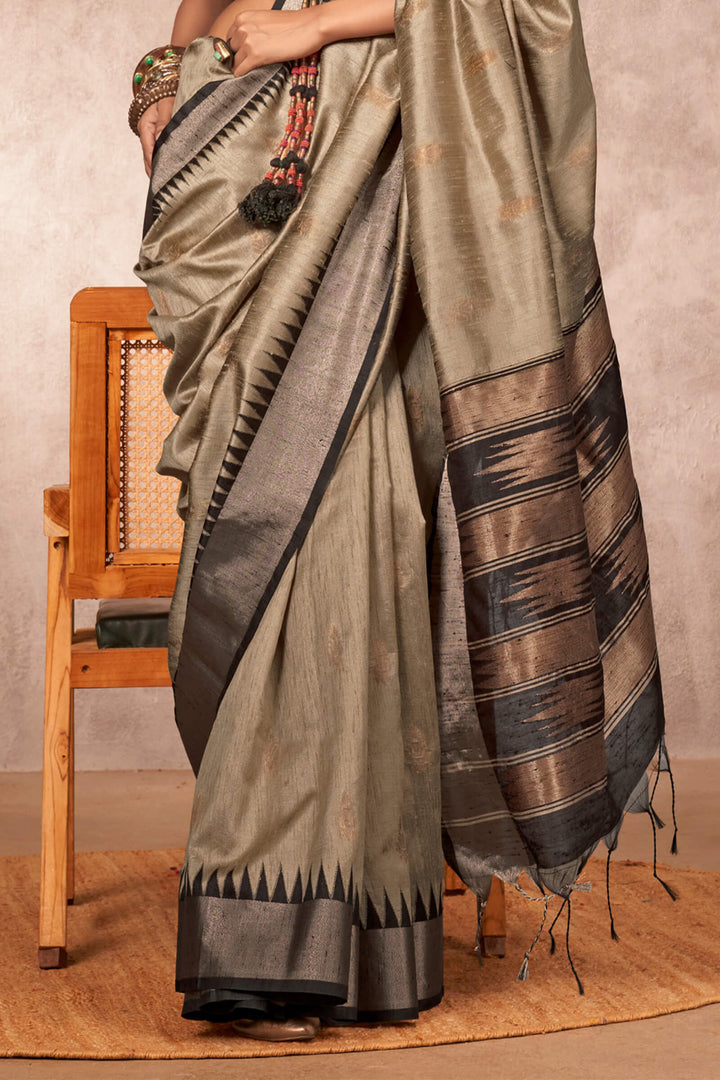 Dark Beige and Black Bhagalpuri Banarasi Silk Saree